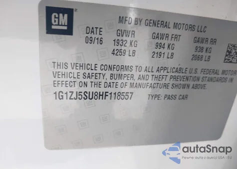 2017 Chevrolet Malibu Hybrid z USA, uszkodzony, nr VIN 1G1ZJ5SU8HF118557